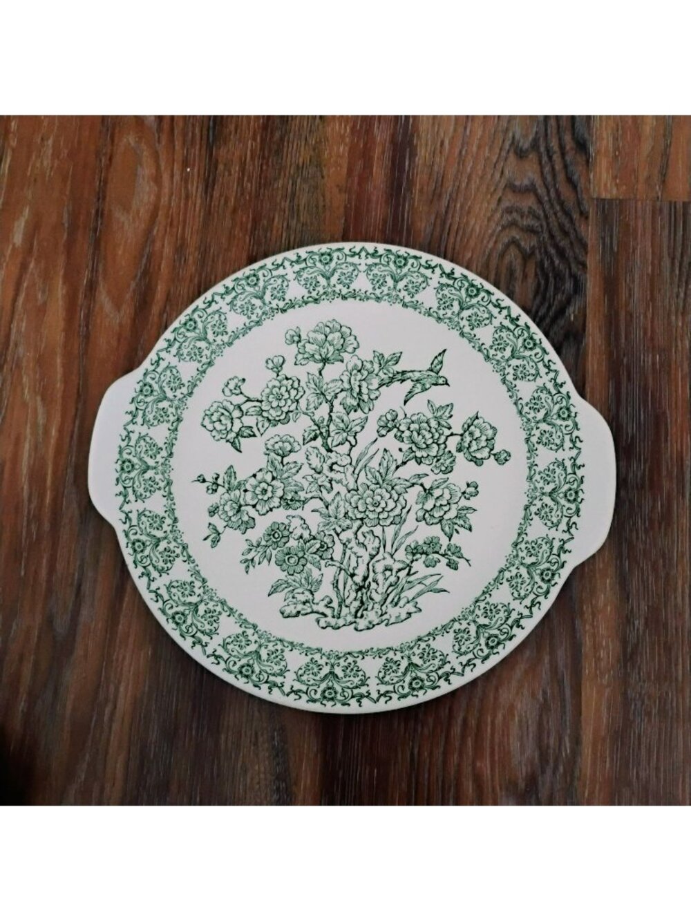Royal China Green Floral Round Cake Plate Platter With Handles 12" Vintage USA